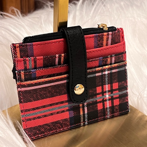 Plaid Red Card Holder Wallet with Snap Strap - Picture 3 of 6